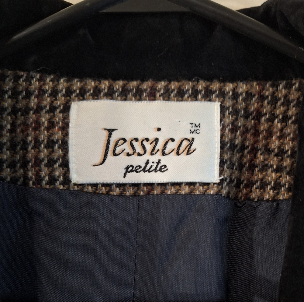Vintage 90s Jessica Petite Tweed Houndstooth Velvet Collar Wool Blend Blazer 8 - Picture 2 of 12
